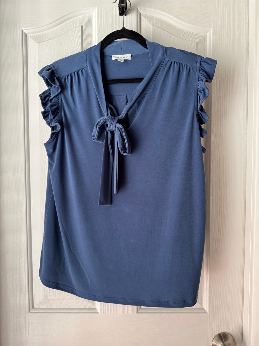 Calvin Klein Slate Blue Tie-Neck Ruffle Sleeve Blouse